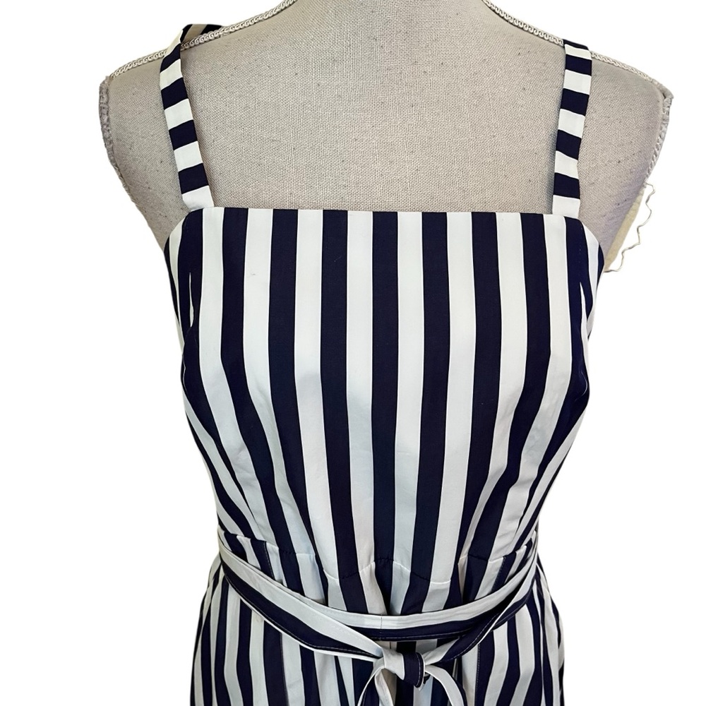 J. Crew/Thomas Mason Navy Blue/White Cotton Striped Apron Tie Midi Dress 12 - Picture 3 of 10